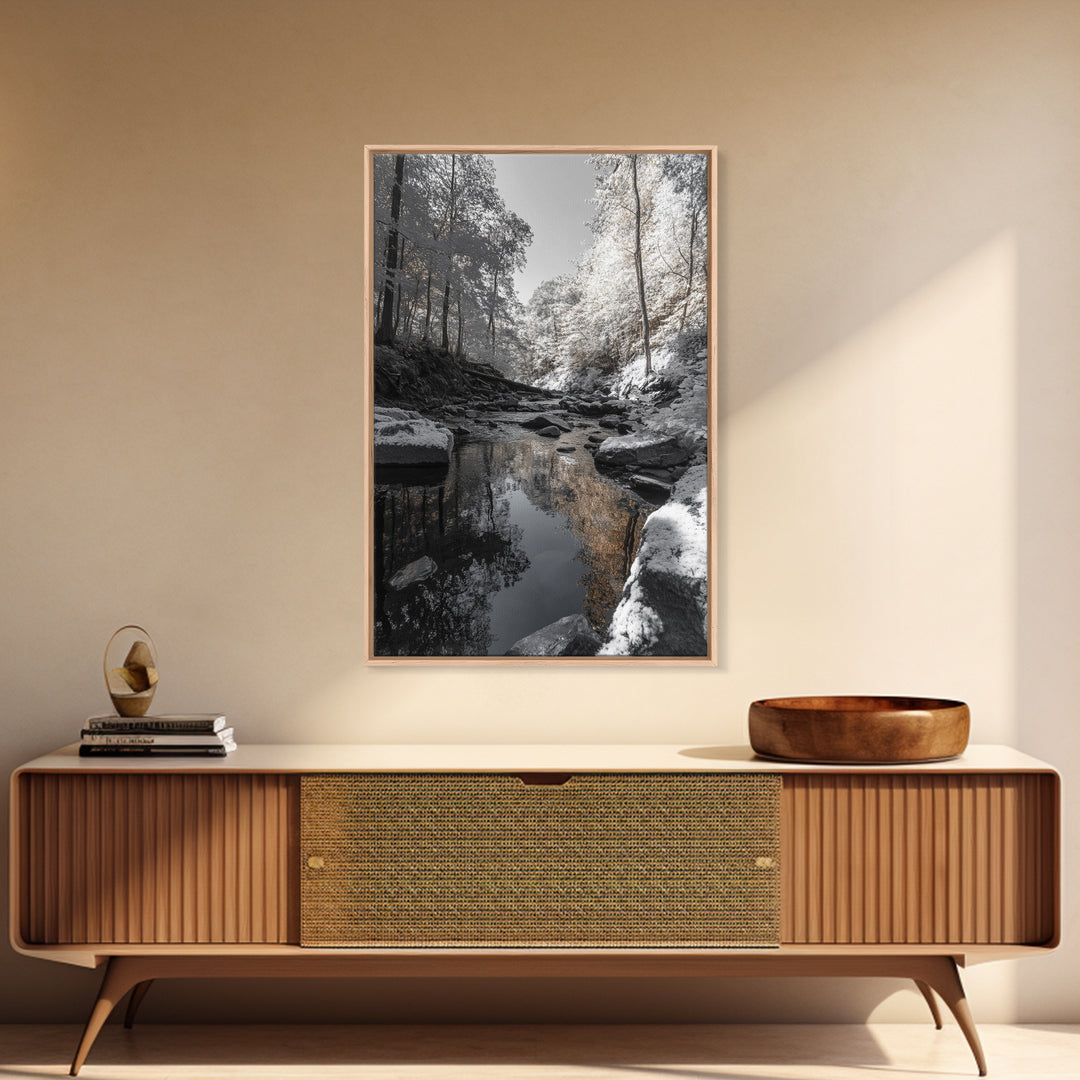 Autumn Creek Walk, Monochrome Forest Stream, Fall Reflections, Framed Canvas Print, Entryway Wall Art, Nature Trail Photography Decor