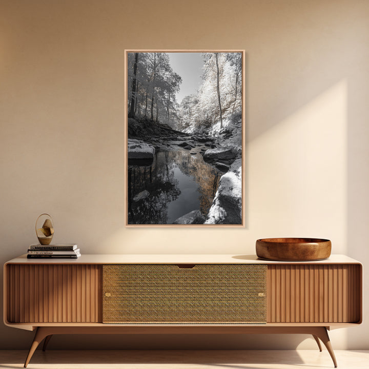 Autumn Creek Walk, Monochrome Forest Stream, Fall Reflections, Framed Canvas Print, Entryway Wall Art, Nature Trail Photography Decor