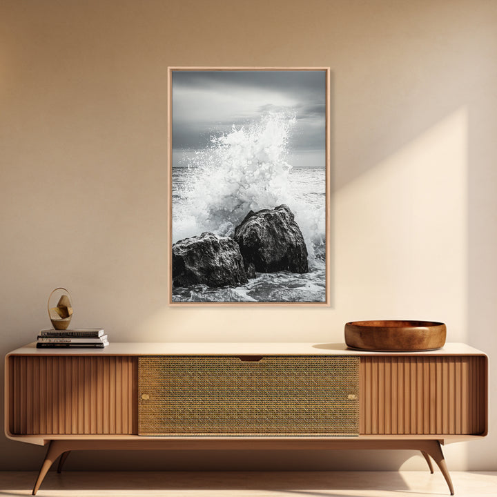 Ocean Splash, Rocky Coast, Dramatic Seascape, Monochrome Power, Framed Canvas Print, Coastal Wall Art, Entryway or Office Decor