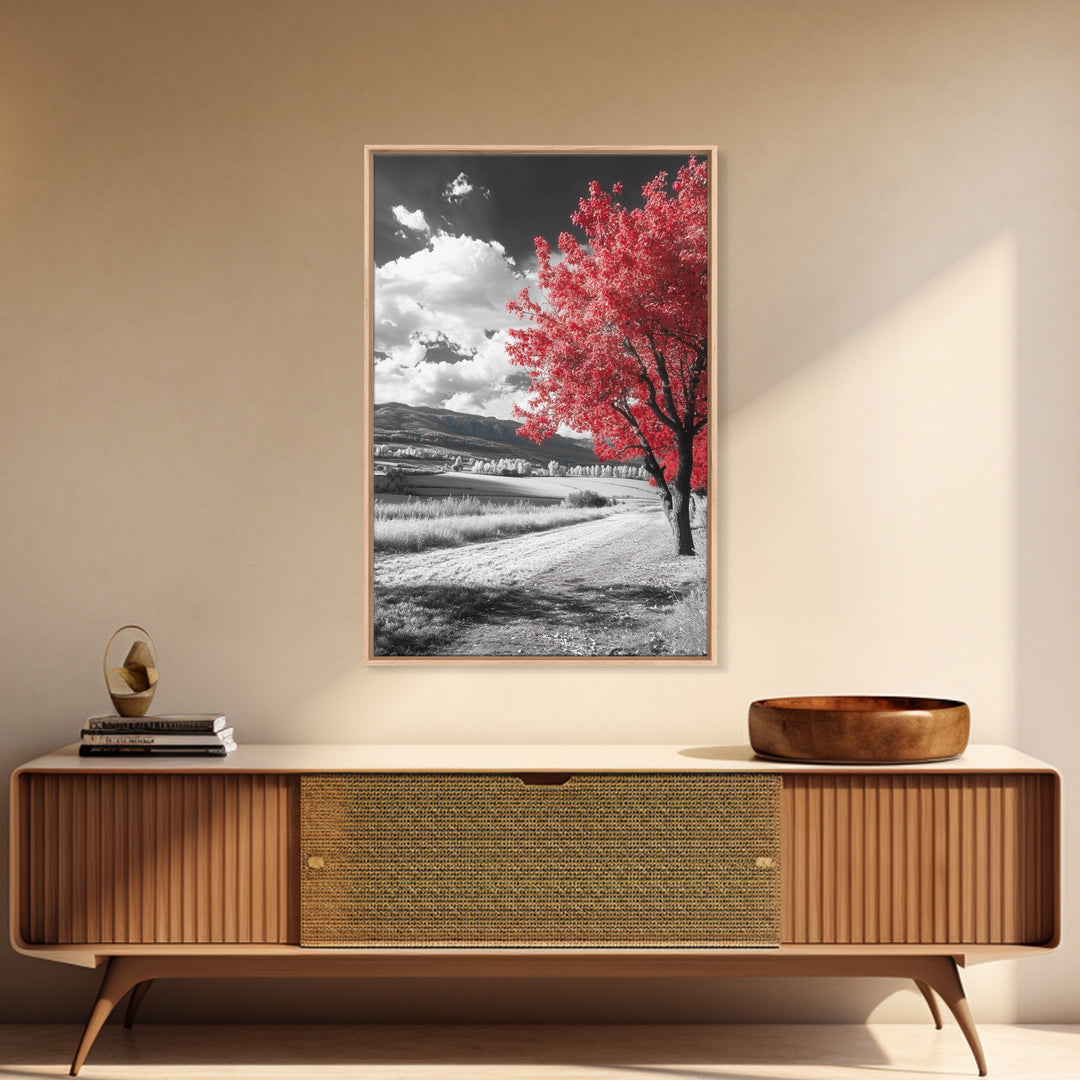 Autumn Red Tree, Scenic Road, Countryside Field, Framed Canvas Print, Fall Wall Art, Rustic Home Decor, Nature Photography, Office Accent