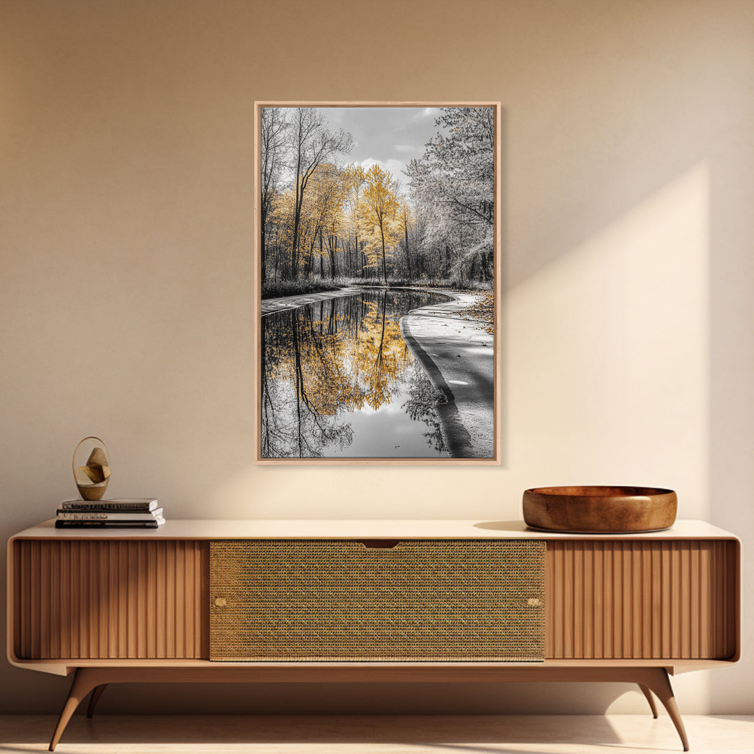 Autumn Trees, Yellow Reflection, Calm River, Nature Path, Framed Canvas Print fall landscape wall art, minimalist forest photography