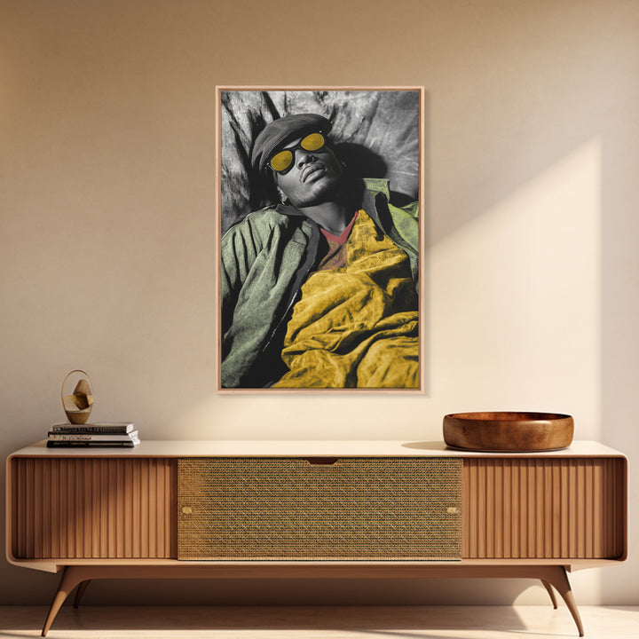 Urban Cool, Yellow Shades, Relaxed Style, Bold Portrait, Framed Canvas Print streetwear photography print, modern bedroom wall art