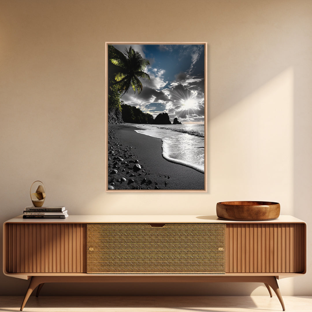 Sunset Beach, Rocky Coast, Dramatic Sky, Bold Light, Framed Canvas Print tropical sunset wall art, beach photography, bathroom decor