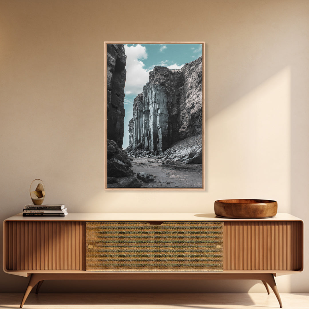 Canyon Rocks, Earth Tones, Cliff Path, Scenic Sky, Framed Canvas Print modern rustic art, desert wall decor, hallway landscape canvas