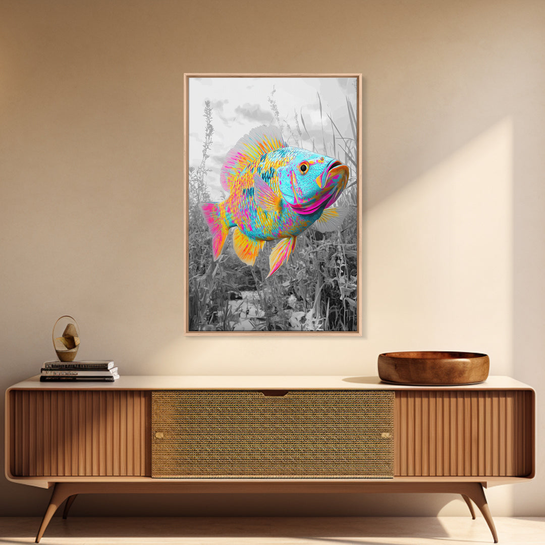 Neon Fish, Color Splash, Bright Animal, Vibrant Water, Framed Canvas Print psychedelic aquatic art, kids room fish wall decor, animal print