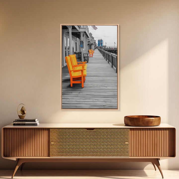 Boardwalk Chairs, Orange Seating, Coastal Town, Wooden Path, Framed Canvas Print beach town photography, nautical home decor, coastal art