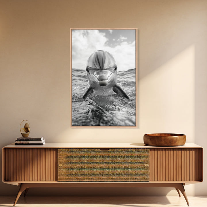 Dolphin Splash, Ocean Encounter, Monochrome Wildlife, Canvas Print, Coastal Wall Art, Bathroom Decor, Marine Animal Photography