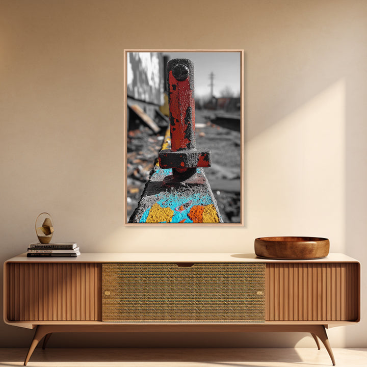 Red Peg, Graffiti Steel, Urban Rust Texture, Canvas Print, Industrial Wall Art, Modern Loft Decor, Urban Decay Photography