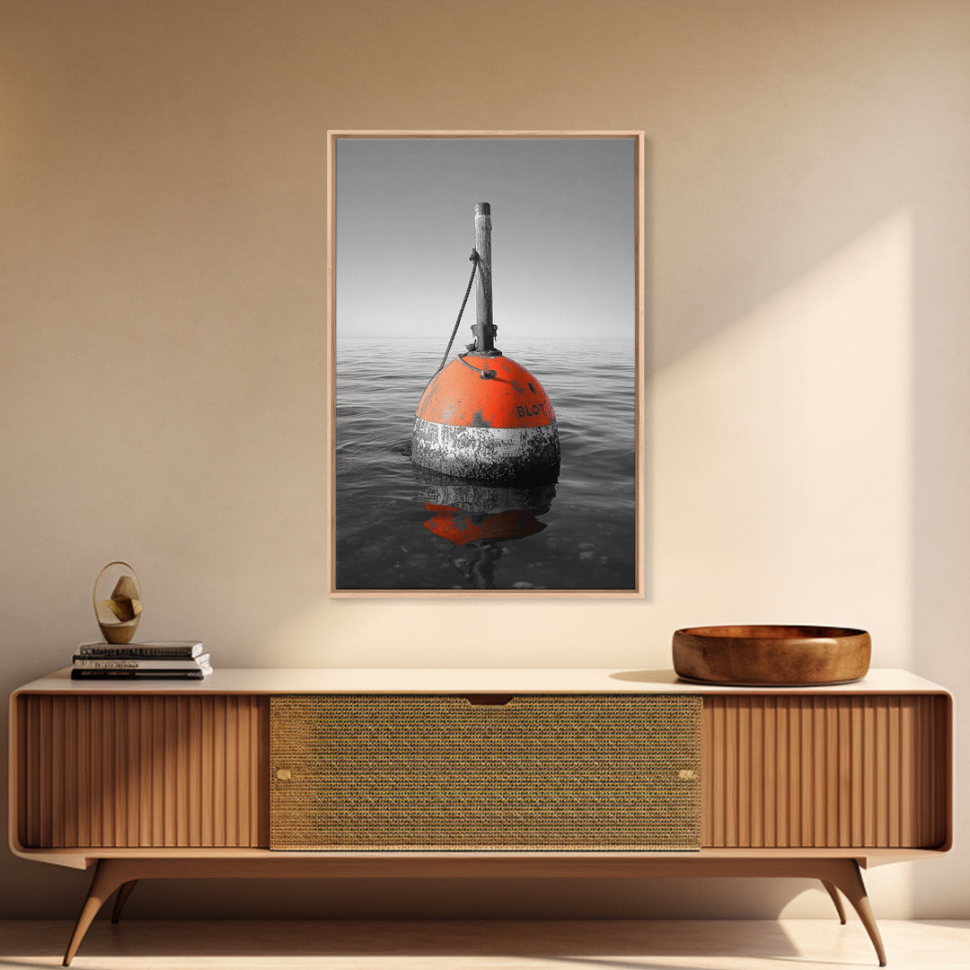 Ocean Buoy, Red Marker, Maritime Minimalism, Canvas Print, Coastal Bathroom Art, Nautical Wall Decor, Marine Industrial Aesthetic