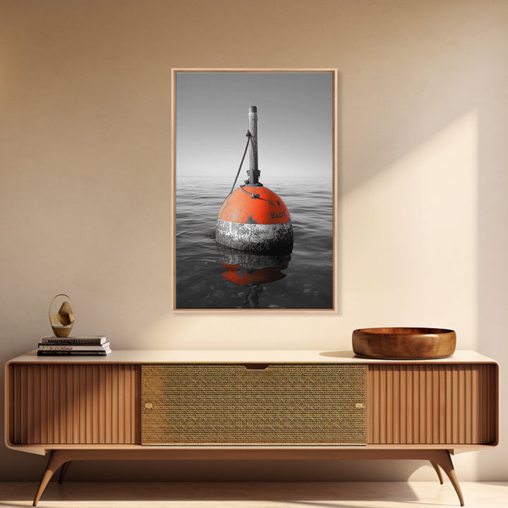 Ocean Buoy, Red Marker, Maritime Minimalism, Canvas Print, Coastal Bathroom Art, Nautical Wall Decor, Marine Industrial Aesthetic