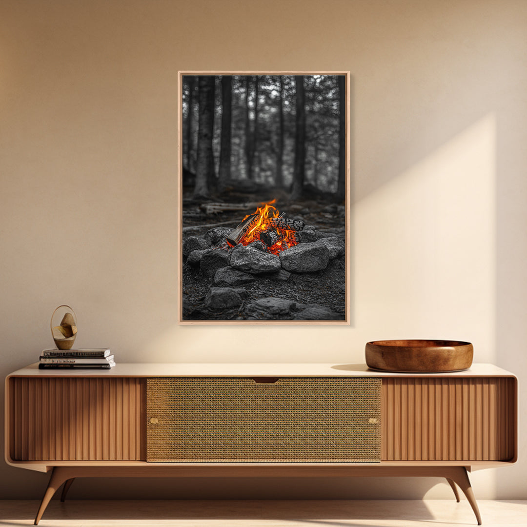 Campfire Glow, Cozy Flames, Autumn Wall Art, Framed Canvas Print, Nature Photography, Rustic Decor, Living Room Cabin Aesthetic