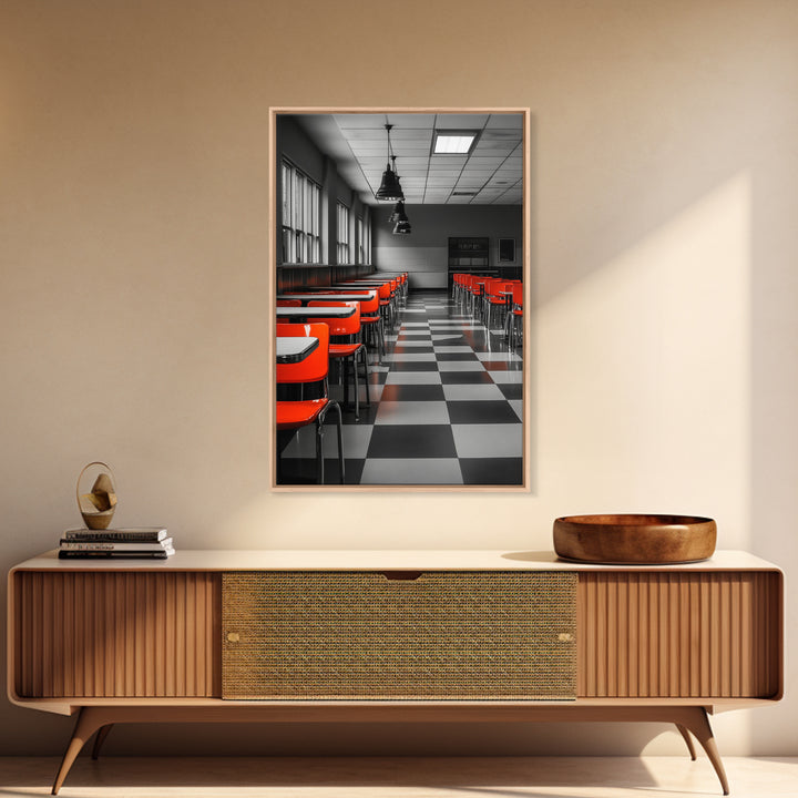 Retro Cafeteria, Red Chairs, Midcentury Modern Art, Canvas Print, Black and White Pop Art, Kitchen Wall Decor, Industrial Style