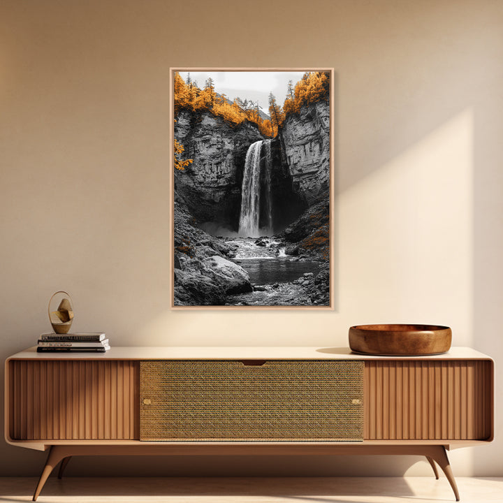 Autumn Waterfall, Forest Stream, Yellow Trees, Canvas Print, Nature Wall Art, Fall Decor, Moody Landscape Art, Living Room Wall Art