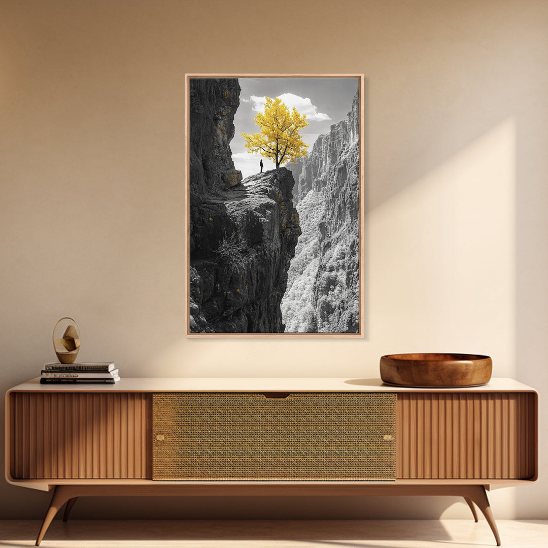 Cliff Tree, Yellow Foliage, Hiker Scene, Framed Canvas Print, Landscape Art, Fall Wall Decor, Adventure Wall Art, Office Statement Piece