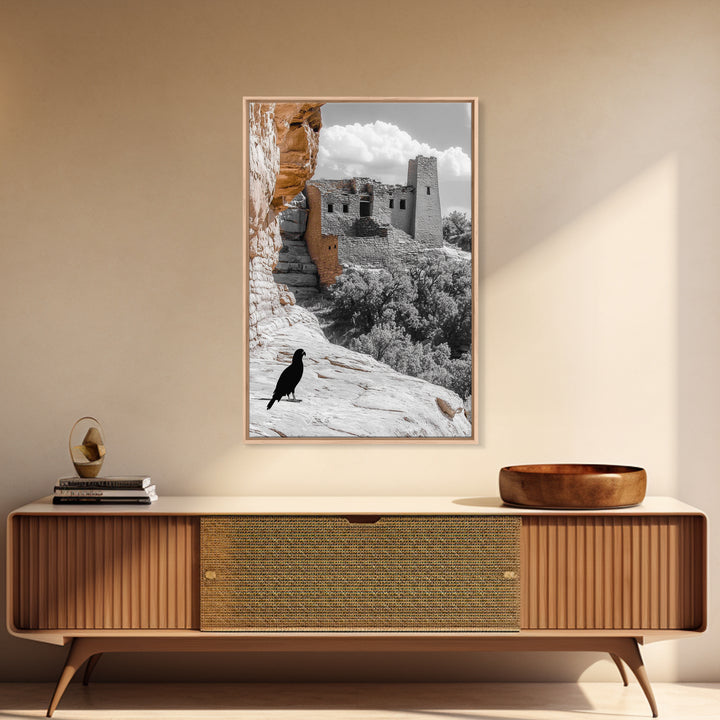 Desert Ruins, Black Bird, Ancient Architecture, Canvas Print, Historical Wall Art, Southwestern Decor, Moody Earth Tones, Living Room Art