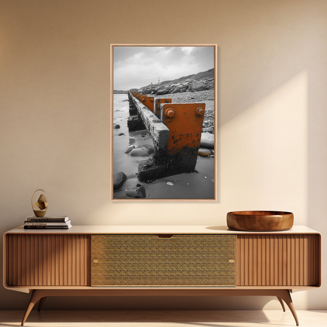Coastal Breakwater, Rust Texture, Industrial Seascape, Framed Canvas Print, Modern Rustic Wall Art, Ocean Decor, Urban Beach Style