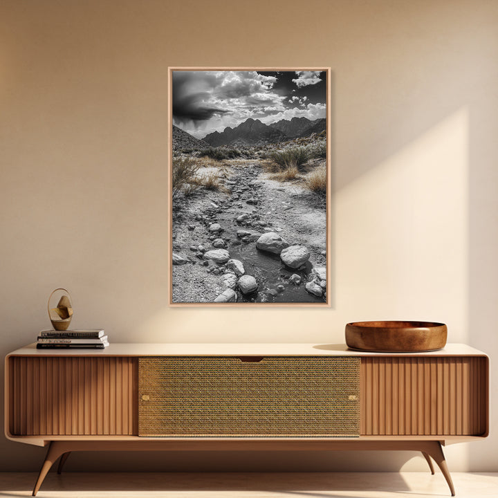 Desert Stream, Rocky Canyon, Moody Sky, Framed Canvas Print, Monochrome Landscape, Minimalist Art, Office or Entryway Decor