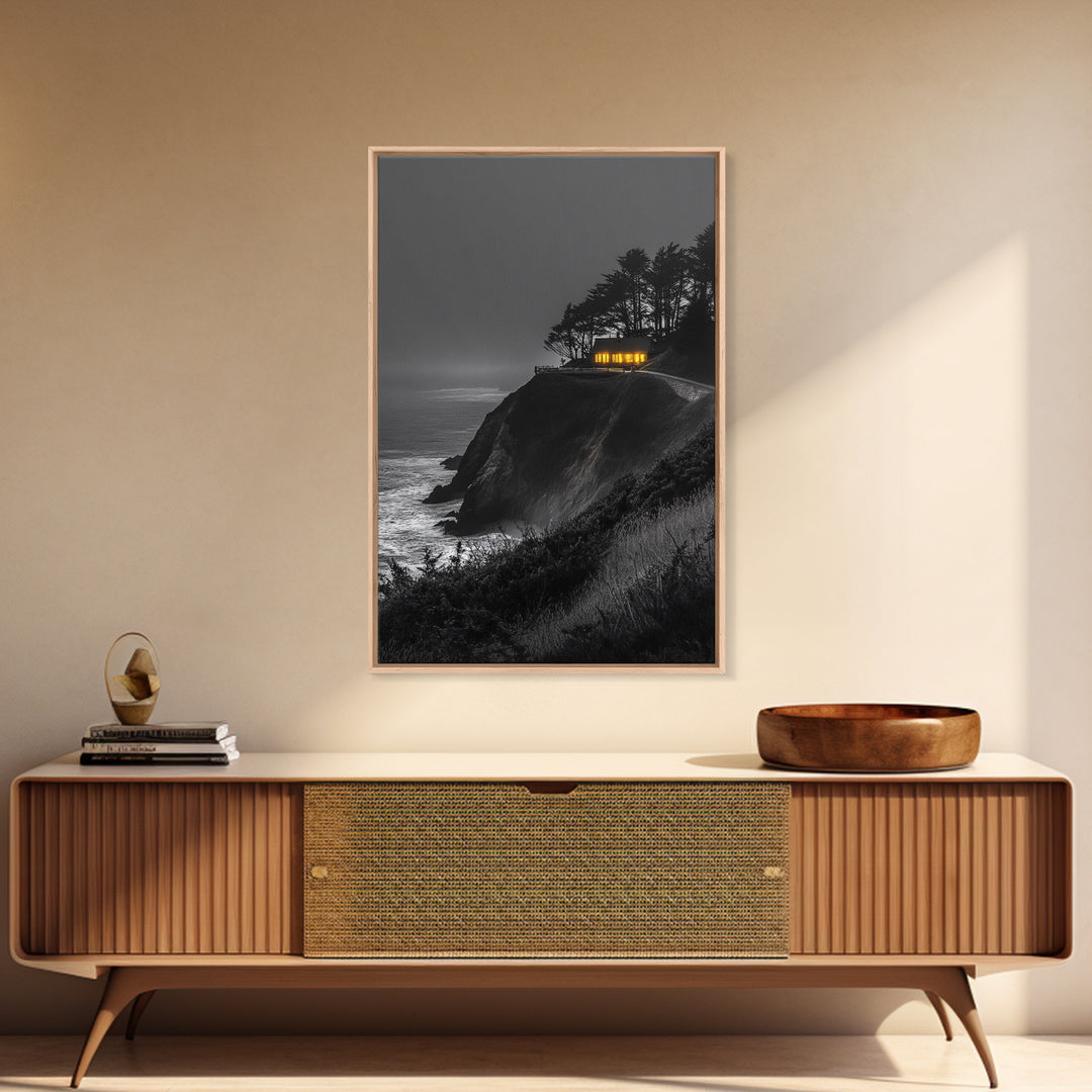 Cabin on Cliff, Moody Coastal Art, Glowing Window, Sunset Seascape, Framed Canvas Print, Minimalist Landscape, Living Room Wall Art