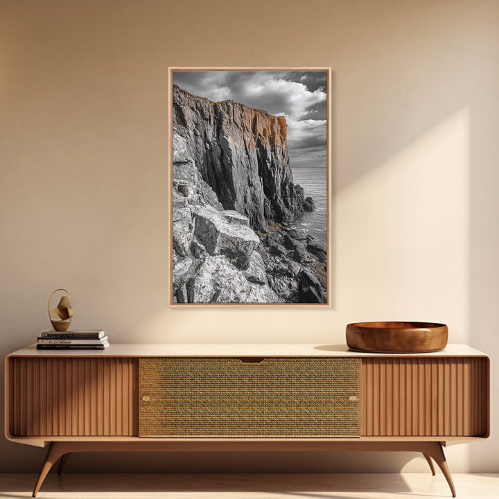 Rugged Cliff Coast, Ocean Rocks, Dramatic Sky, Seaside View, Framed Canvas Print, Coastal Decor, Living Room Wall Art, Earthy Tones