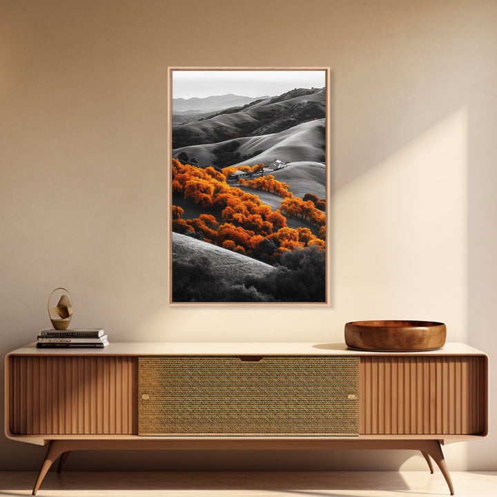 Autumn Hills, Vibrant Trees, Countryside View, Framed Canvas Print, Fall Landscape Art, Farmhouse Decor, Cozy Living Room Accent