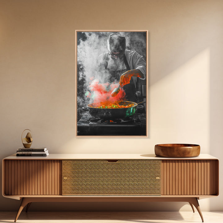 Chef Cooking, Kitchen Smoke, Artistic Culinary Scene, Framed Canvas Print, Modern Kitchen Wall Art, Vibrant Food Art, Chef Decor