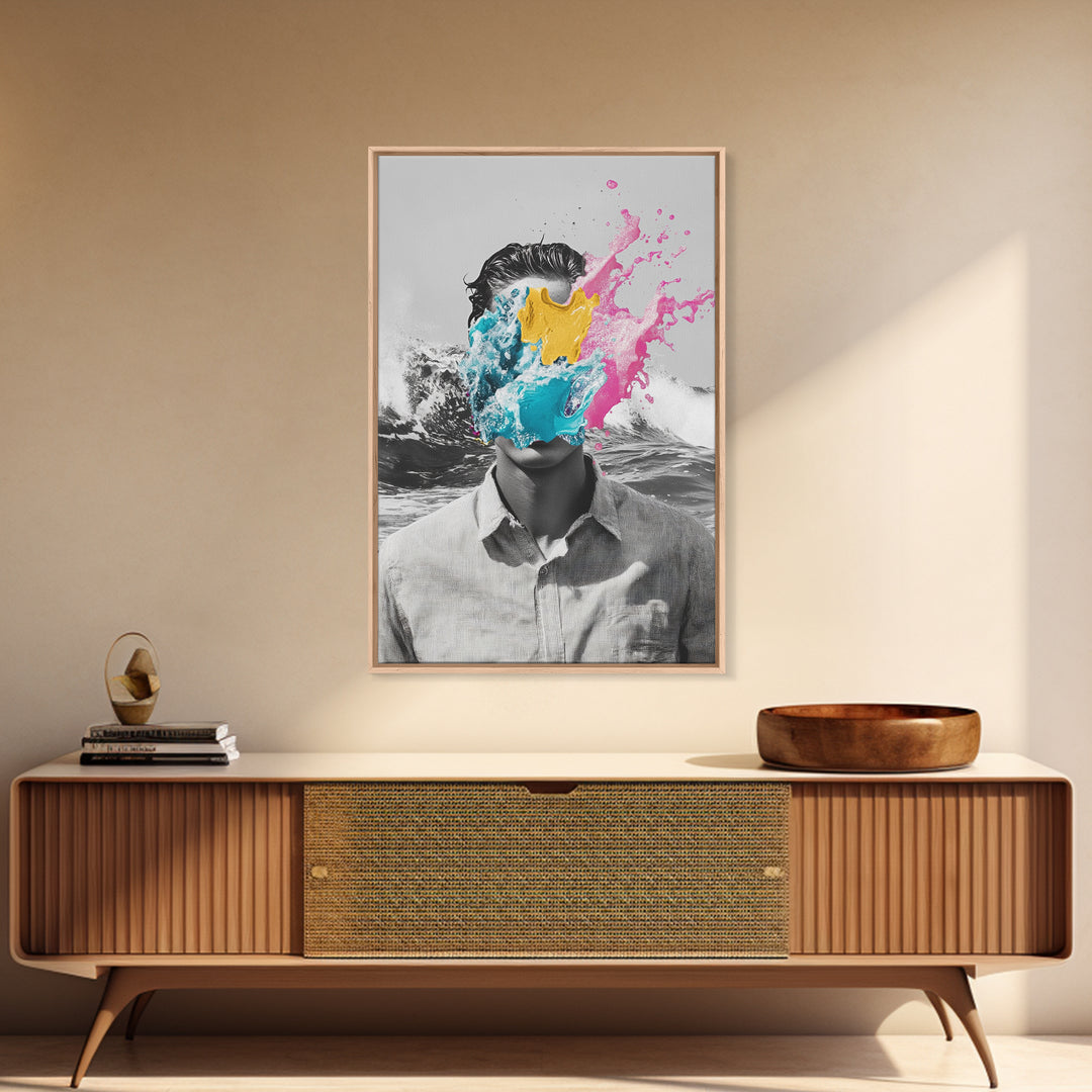 Abstract Portrait, Paint Splash Face, Surreal Ocean Art, Framed Canvas Print, Modern Living Room Art, Pop Surrealism Decor