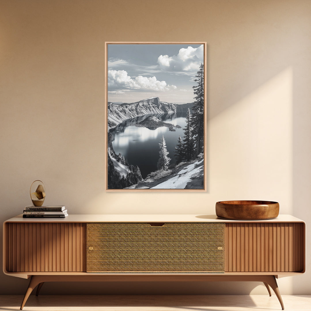 Crater Lake, Snowy Mountains, Scenic Reflection View, Framed Canvas Print, Cabin Wall Art, Winter Landscape Decor, Nature Vibes