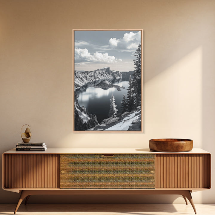 Crater Lake, Snowy Mountains, Scenic Reflection View, Framed Canvas Print, Cabin Wall Art, Winter Landscape Decor, Nature Vibes