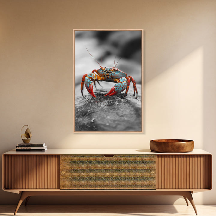 Blue Crab, Vibrant Shell, Coastal Creature Art, Framed Canvas Print, Bathroom Wall Art, Nautical Theme Decor, Ocean Wildlife Art