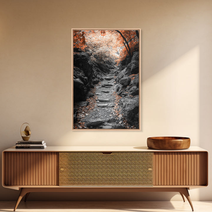 Rocky Trail, Autumn Leaves, Forest Path, Framed Canvas Print, Fall Nature Wall Art, Rustic Entryway Decor, Hiking Landscape Art