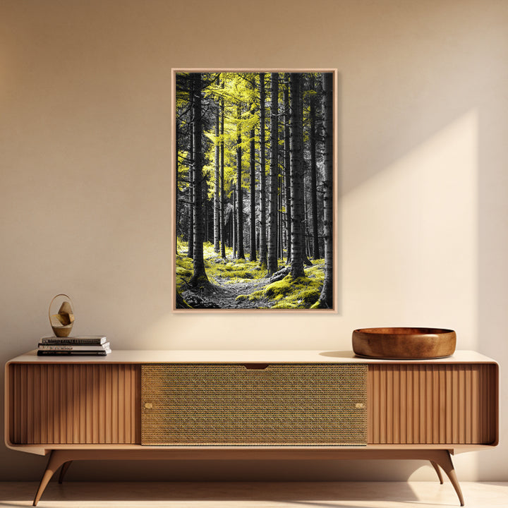 Yellow Forest, Tall Pines, Woodland Scene, Framed Canvas Print, Modern Nature Wall Art, Cabin Living Room Decor, Fall Forest Art