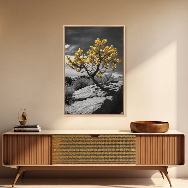 Desert Bloom, Yellow Tree, Rocky Hill, Framed Canvas Print, Southwest Wall Art, Boho Nature Decor, Minimalist Desert Landscape