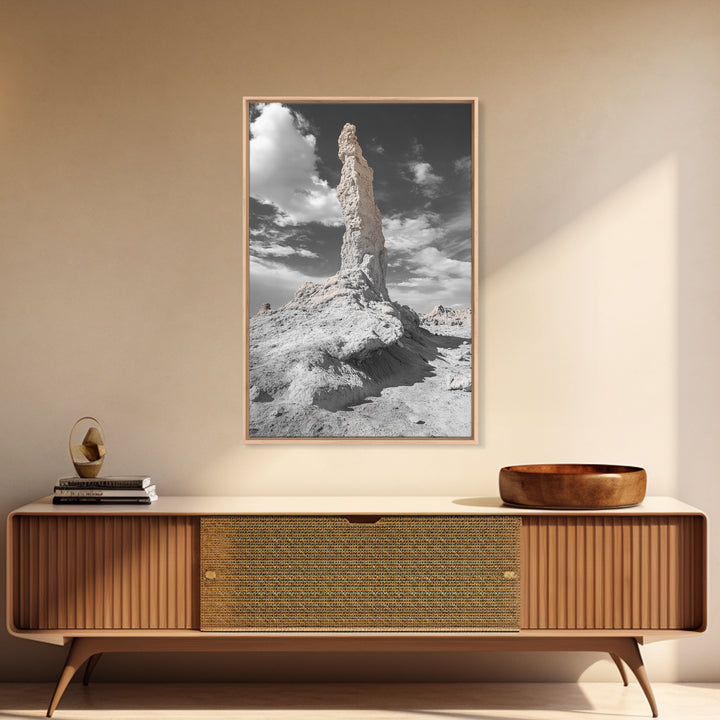 Rock Spire, Desert Monument, Sky Landscape, Framed Canvas Print, Modern Nature Wall Art, Earth Tones Decor, Minimalist Desert Art