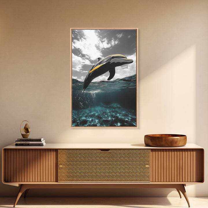 Dolphin Splash, Ocean Wildlife, Underwater Grace, Black White Sea Art, Canvas Print, Bathroom Wall Art, Coastal Decor, Marine Life Style