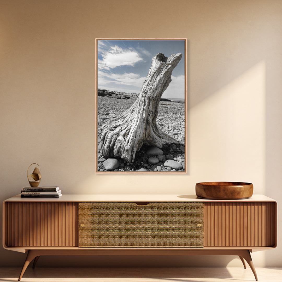 Coastal Driftwood, Beach Stump, Pebble Shore, Framed Canvas Print, Rustic Wall Art, Bathroom Decor, Earthy Beach House Accent