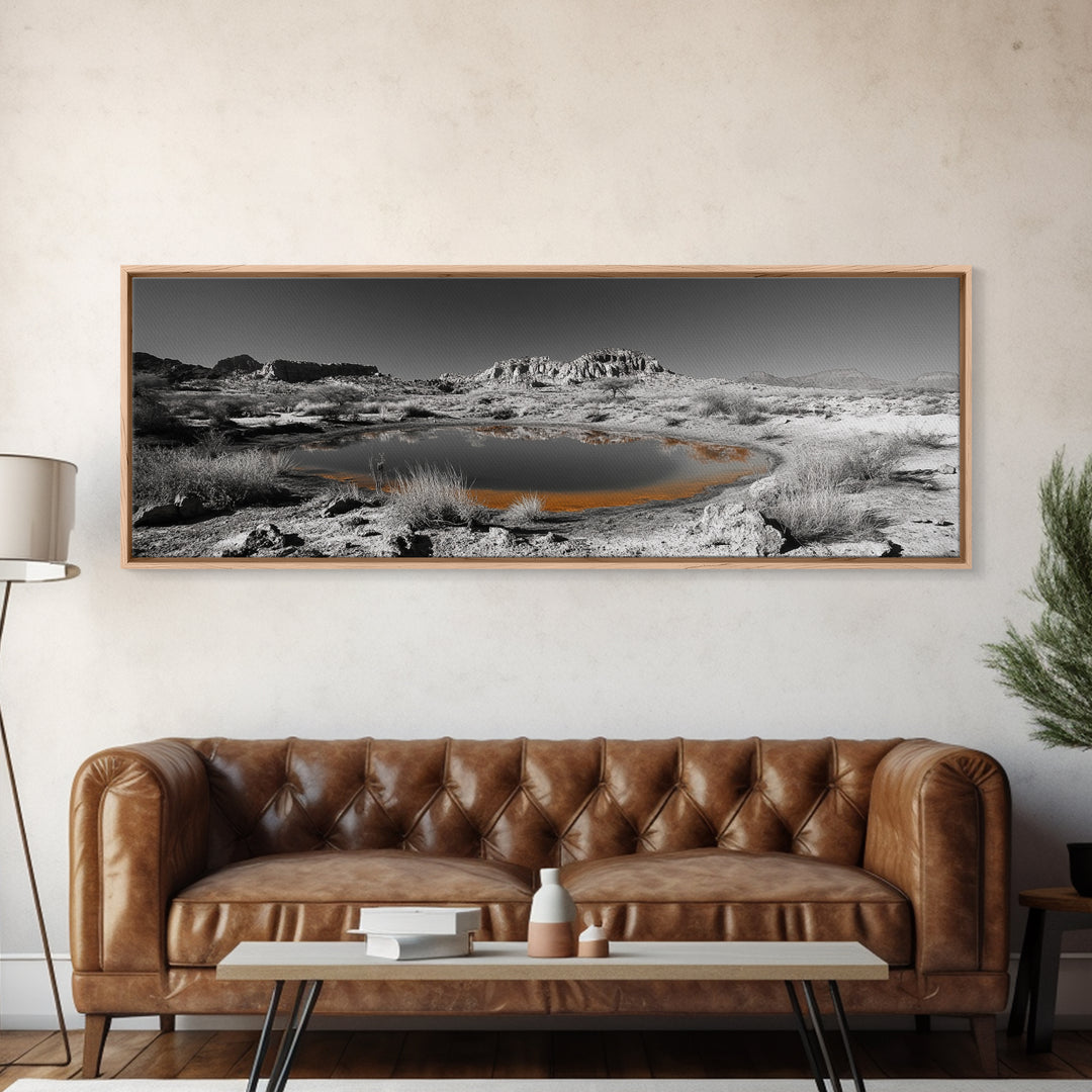 Desert Water Reflection, Desert Pond Scene, Minimalist Landscape Art, Framed Canvas Print, Neutral Wall Decor, Tranquil Nature Artwork