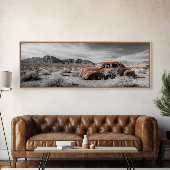 Desert Wreck, Abandoned Car, Moody Landscape, Rusty Vehicle — Framed Canvas Print, Industrial Wall Art, Garage Decor, Western Photography