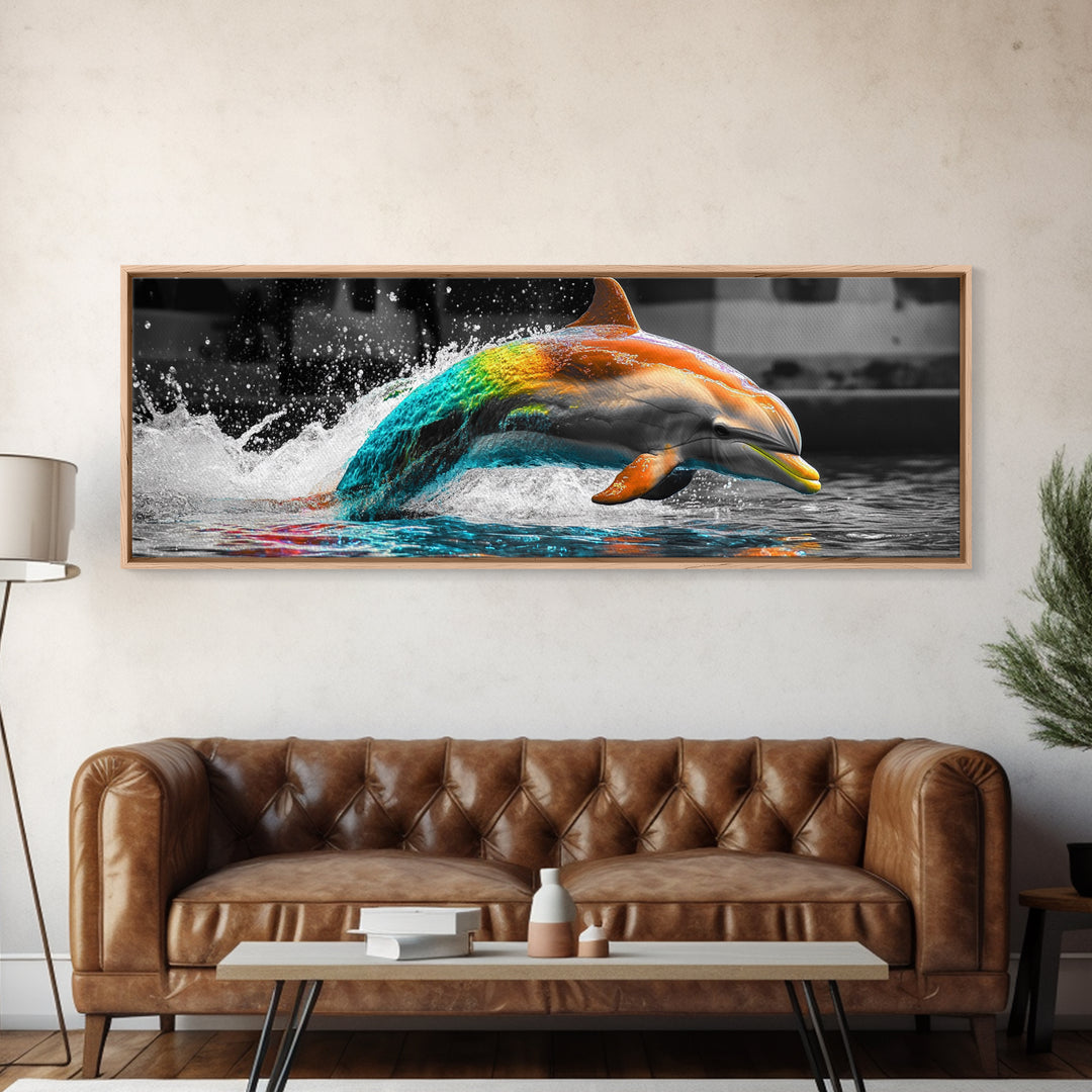 Color Splash Dolphin, Ocean Leap, Vibrant Marine, Joyful Moment — Canvas Print, Bathroom Decor, Beach House Wall Art, Pop Art Style