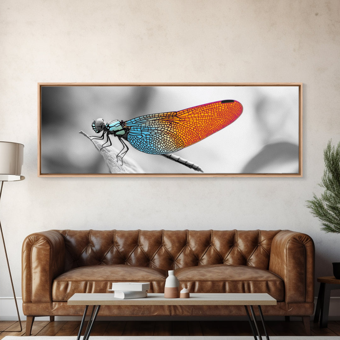 Closeup Dragonfly, Colorful Wings, Abstract Nature, Macro Art — Framed Canvas Print, Living Room Decor, Botanical Wall Art, Modern Minimal