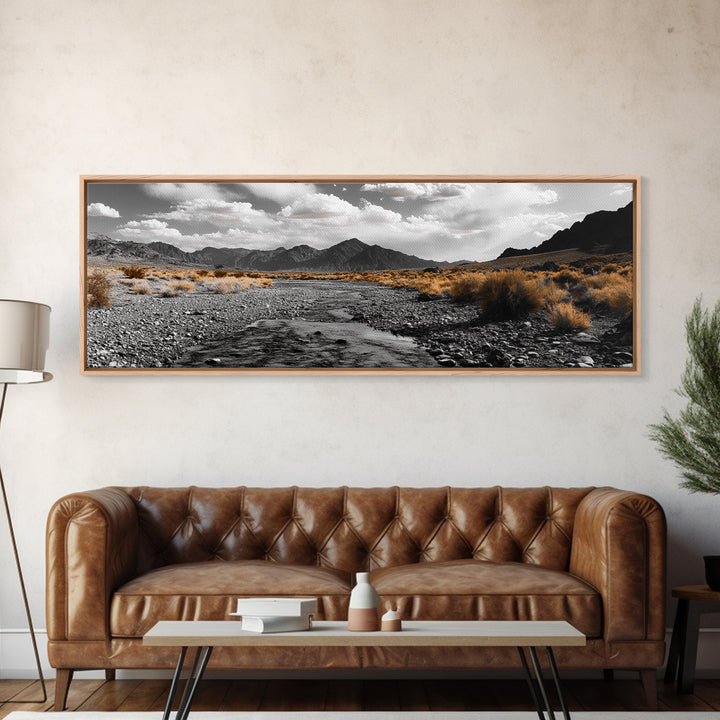 Desert Creek, Rugged Mountains, Golden Shrubs, Nature Path — Framed Canvas Print, Autumn Wall Decor, Rustic Office Art, Landscape Canvas