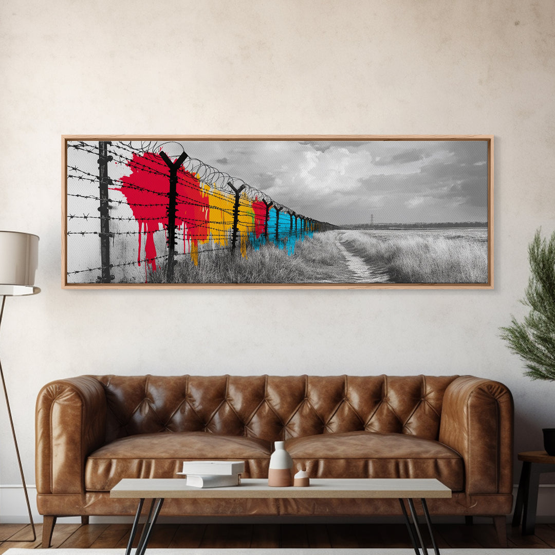 Barbed Wire, Graffiti Fence, Urban Street Art, Political Statement, Framed Canvas Print, Modern Wall Art, Office Decor, Activist Art