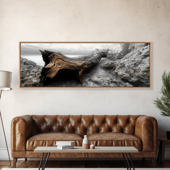 Driftwood Coast, Ocean Roots, Washed Ashore, Beach Texture — Canvas Print, Coastal Decor, Bathroom Wall Art, Monochrome Nature Photography