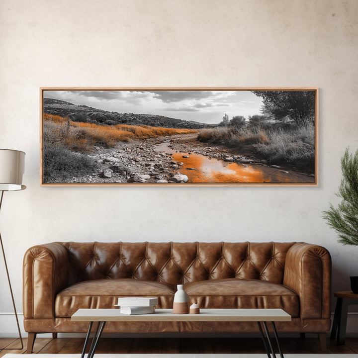 Autumn Stream, Golden Creek, Rustic Nature, Fall Landscape, Framed Canvas Print, Farmhouse Decor, Living Room Wall Art, Earth Tones