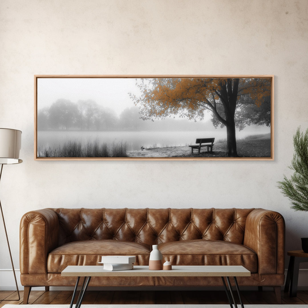 Foggy Lake, Autumn Tree, Peaceful Bench, Serene Nature, Framed Canvas Print, Fall Wall Decor, Zen Living Room Art, Bedroom Decor