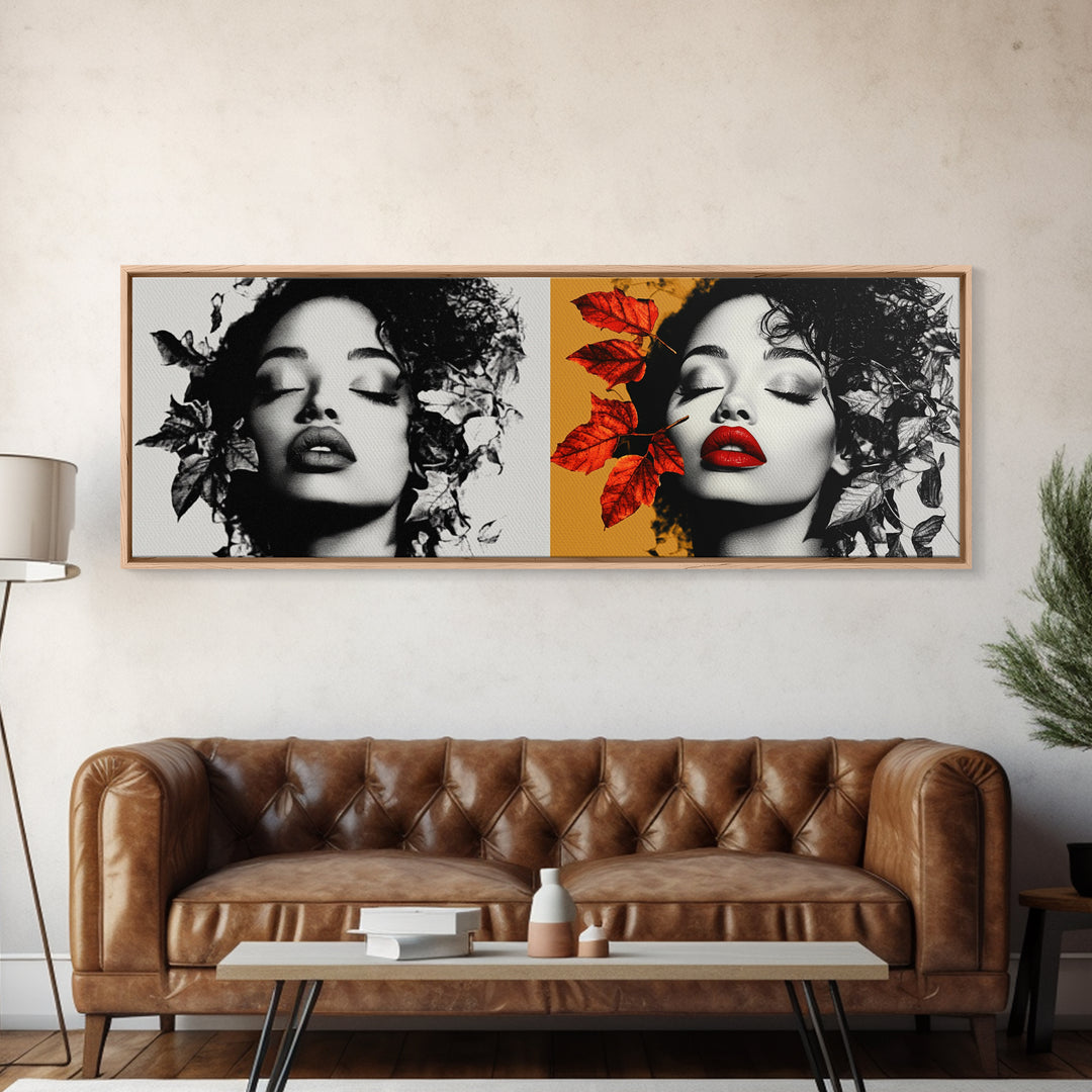 Autumn Leaves, Bold Lips Portrait, Fashion Face Art, Framed Canvas Print, Fall Wall Decor, Modern Bedroom Art, Boho Glam Aesthetic