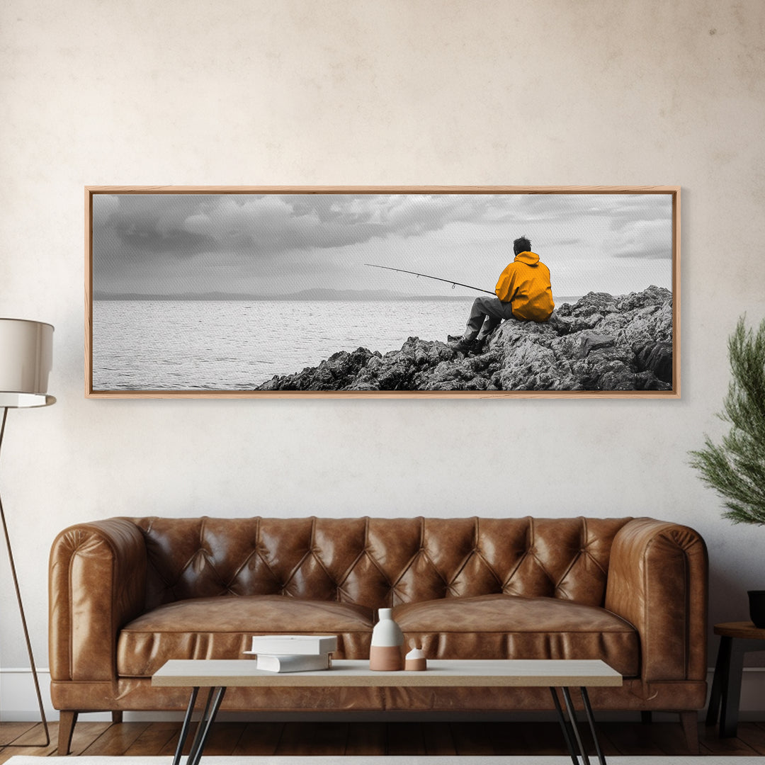 Peaceful Angler View, Yellow Hoodie Fisherman, Canvas Print, Minimalist Seaside Wall Art, Coastal Living Room Art, Fishing Lover Gift