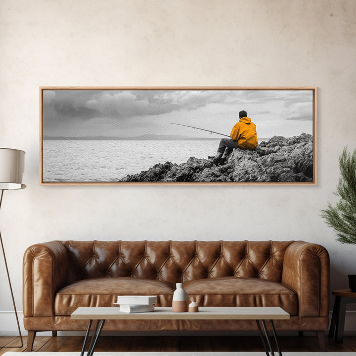 Peaceful Angler View, Yellow Hoodie Fisherman, Canvas Print, Minimalist Seaside Wall Art, Coastal Living Room Art, Fishing Lover Gift