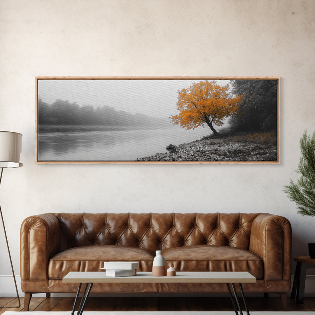 Foggy Riverbank Tree, Orange Fall Tree, Framed Canvas Print, Autumn Nature Scene, Moody Landscape Wall Art, Rustic Bedroom Decor
