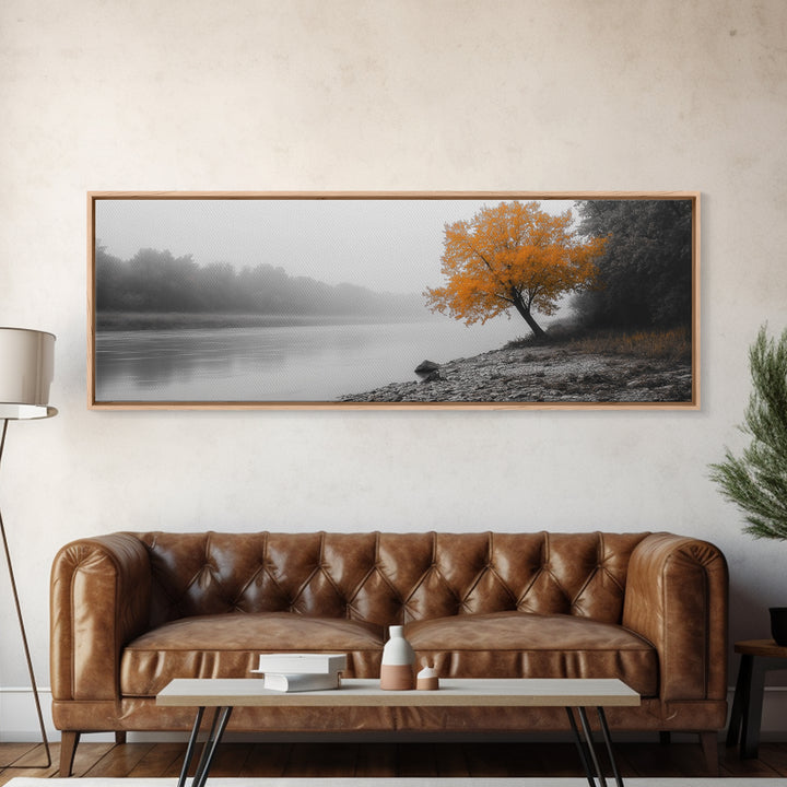 Foggy Riverbank Tree, Orange Fall Tree, Framed Canvas Print, Autumn Nature Scene, Moody Landscape Wall Art, Rustic Bedroom Decor