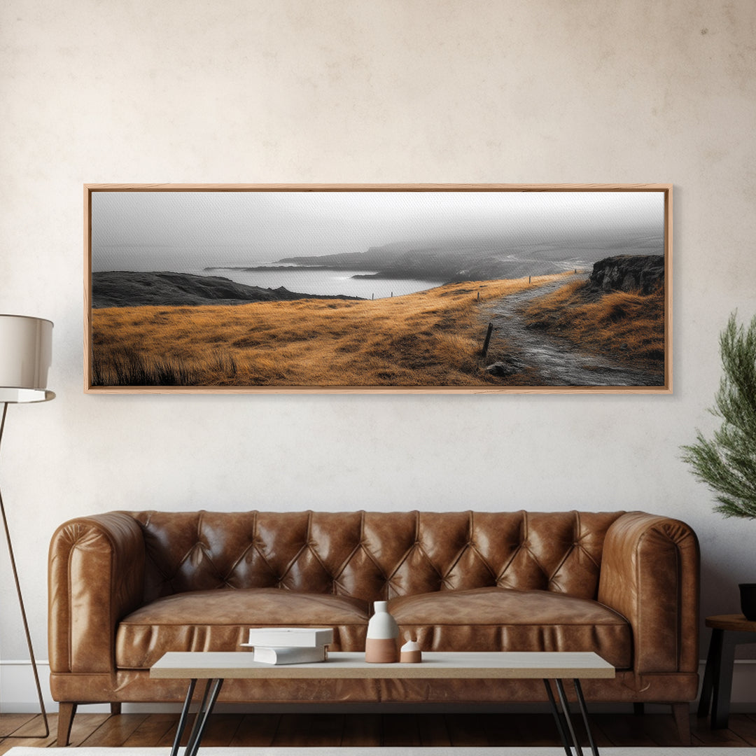 Coastal Cliff Path, Golden Grasses by Sea, Canvas Print, Autumn Hiking Scene, Misty Nature Wall Art, Hallway Landscape Photography